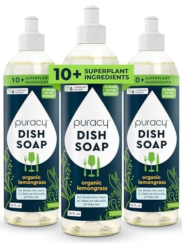 Puracy Natural Dish Soap SkinSoftening PlantBased Dishwashing Soap NonToxic Dish Soap Organic Liquid Dishwashing Detergent Soap Organic Lemongrass 16 fl oz 3 Pack