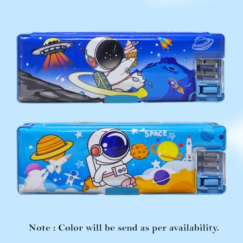 PARTEET Space Themed Pencil Box, Inbuilt LED Light with 2 Compartments and Dual Sharpener, Magnetic Lock, Pencil Box for Kids (Blue) - Image 5