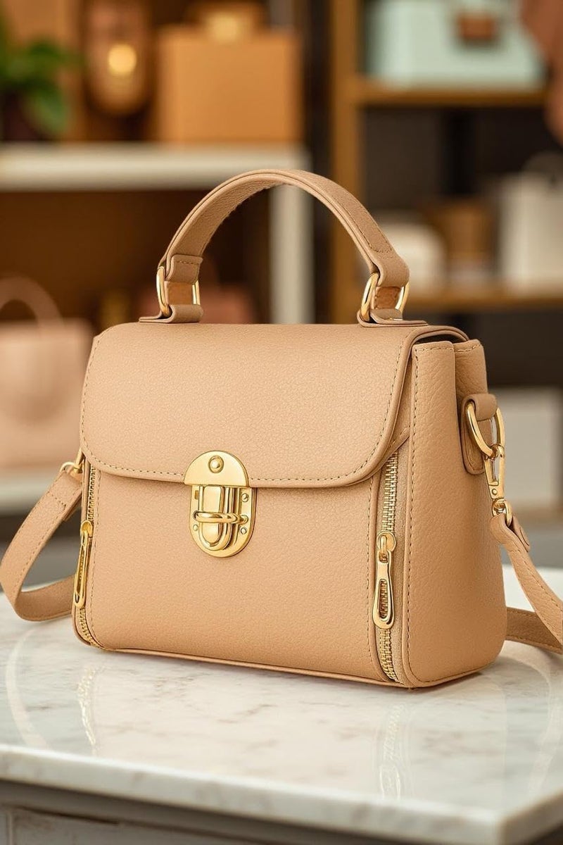 DAISY ROSE Women’s Stylish Faux Leather Crossbody Sling Bag with Adjustable Strap & Top Handle – Compact Shoulder Handbag with Front Zipper Pockets – Beige (Beige) - Image 2