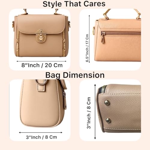 DAISY ROSE Women’s Stylish Faux Leather Crossbody Sling Bag with Adjustable Strap & Top Handle – Compact Shoulder Handbag with Front Zipper Pockets – Beige (Beige) - Image 4