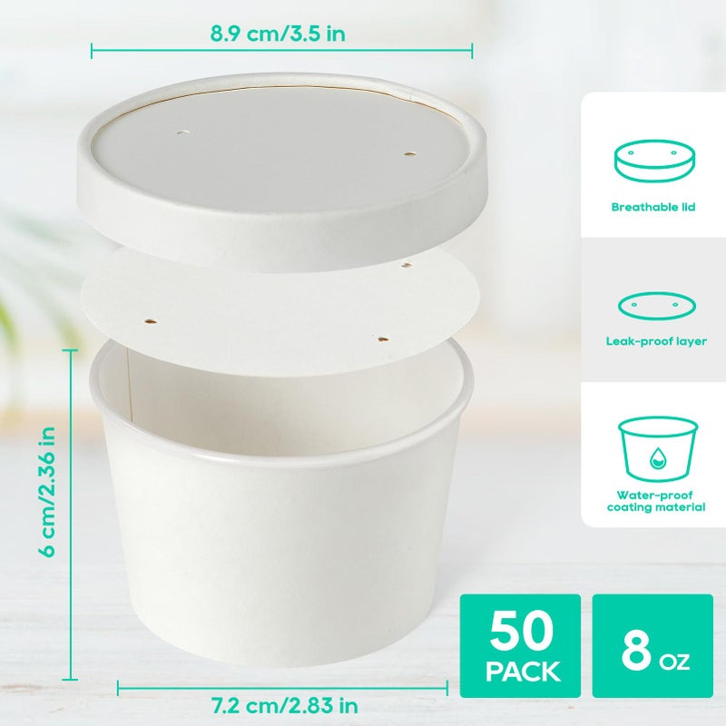 JOLLY PARTY 50pack 8oz Paper Soup Containers with Lids, Disposable Paper Food Cups, Ice Cream Cups, Food Storage with Vented Lids, Microwavable and Freezer Safe (White) - Image 2