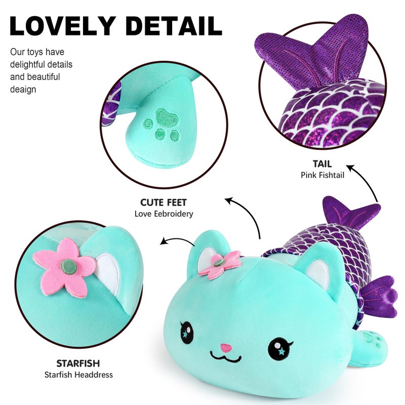 Onsoyours Cute Kitten Mermaid Plush Toy Stuffed Animal Kitty Soft Mermaid Cat Plush Pillow for Kids (Blue Cat Mermaid, 12") - Image 3