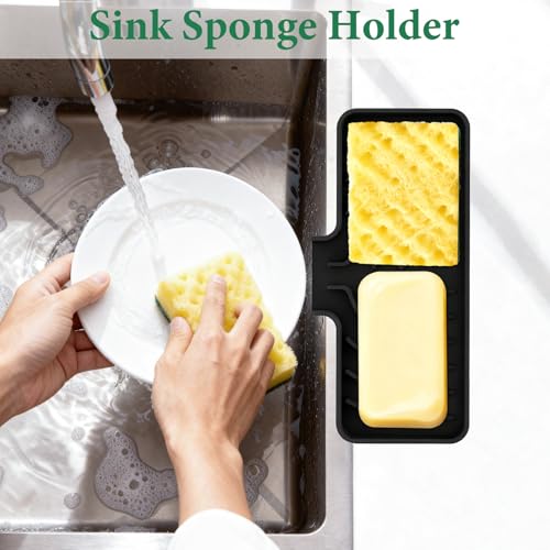 GUUKIN Sponge Holder for Kitchen Sink, Sink Caddy and Soap Tray | 10x4 inch Kitchen Sink Organizer | Compatible with Scrub Daddy, Kitchen Sink Accessories (Black) - Image 3