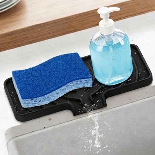 GUUKIN Sponge Holder for Kitchen Sink, Sink Caddy and Soap Tray | 10x4 inch Kitchen Sink Organizer | Compatible with Scrub Daddy, Kitchen Sink Accessories (Black) - Image 1