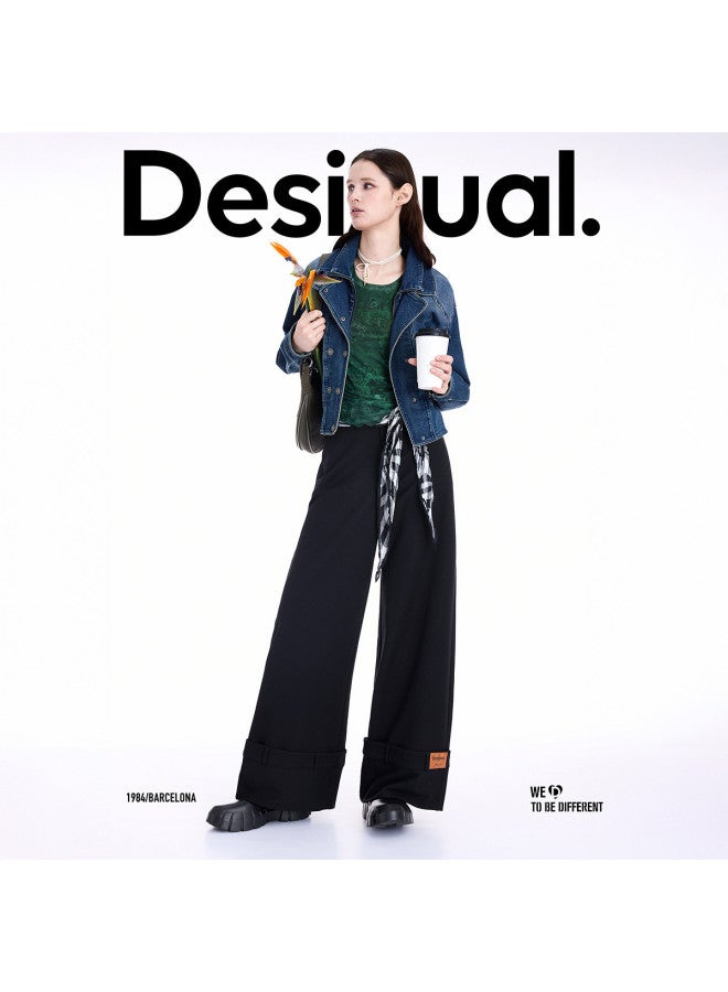 DESIGUAL 25 خريف/شتاء وصول جديد بنطال نسائي كاجوال بقصة مستقيمة وحافة مطوية مع زخرفة من الجلد - Image 3