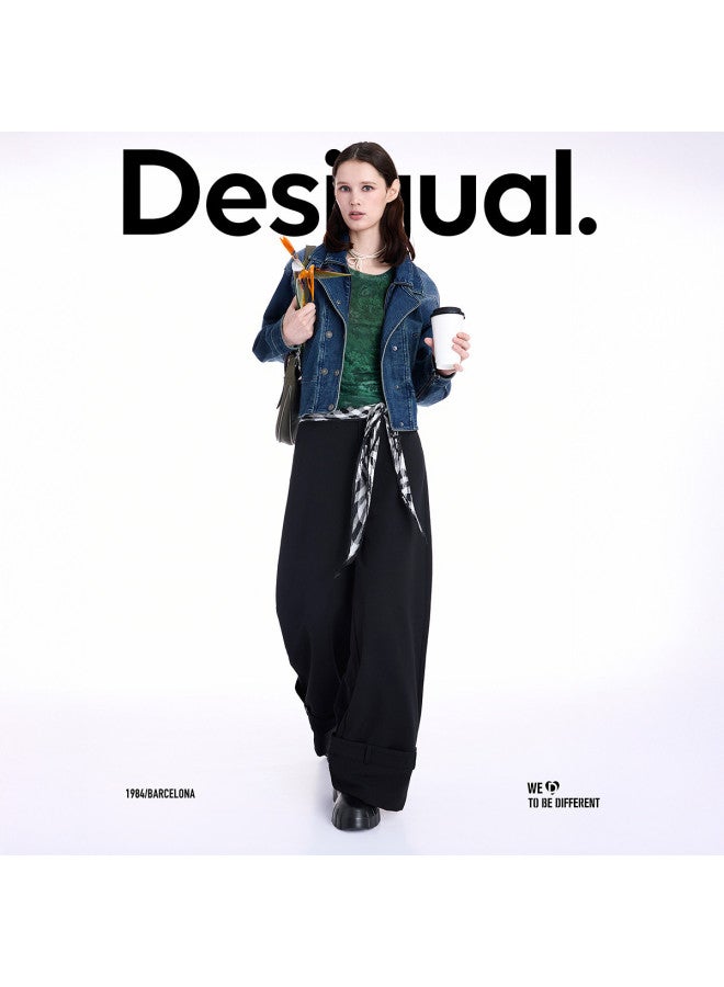 DESIGUAL 25 خريف/شتاء وصول جديد بنطال نسائي كاجوال بقصة مستقيمة وحافة مطوية مع زخرفة من الجلد - Image 5