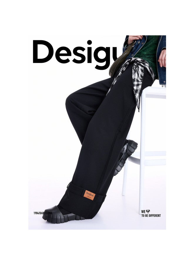 DESIGUAL 25 خريف/شتاء وصول جديد بنطال نسائي كاجوال بقصة مستقيمة وحافة مطوية مع زخرفة من الجلد - Image 4