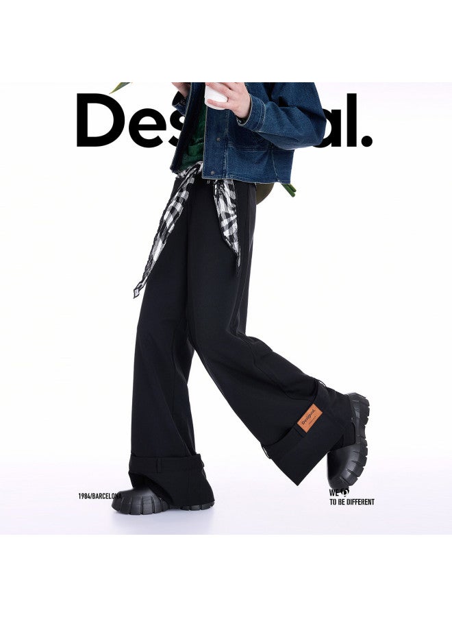 DESIGUAL 25 خريف/شتاء وصول جديد بنطال نسائي كاجوال بقصة مستقيمة وحافة مطوية مع زخرفة من الجلد - Image 2