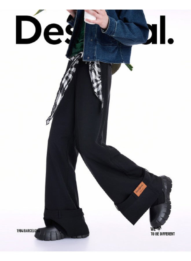 DESIGUAL 25 خريف/شتاء وصول جديد بنطال نسائي كاجوال بقصة مستقيمة وحافة مطوية مع زخرفة من الجلد - Image 1