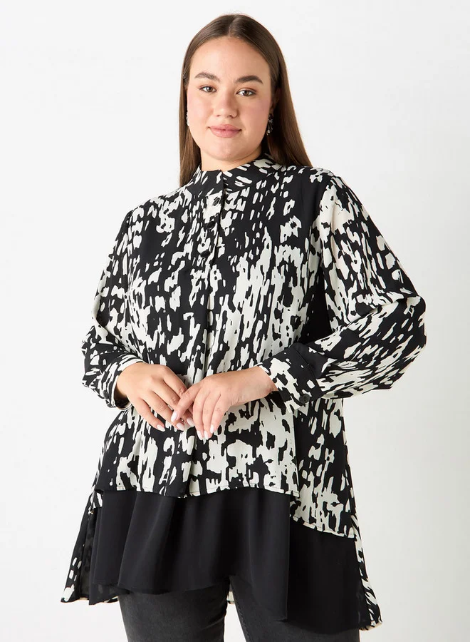 Ulla Popken Plus Size Ulla Popken Printed Top with Mandarin Collar and Long Sleeves