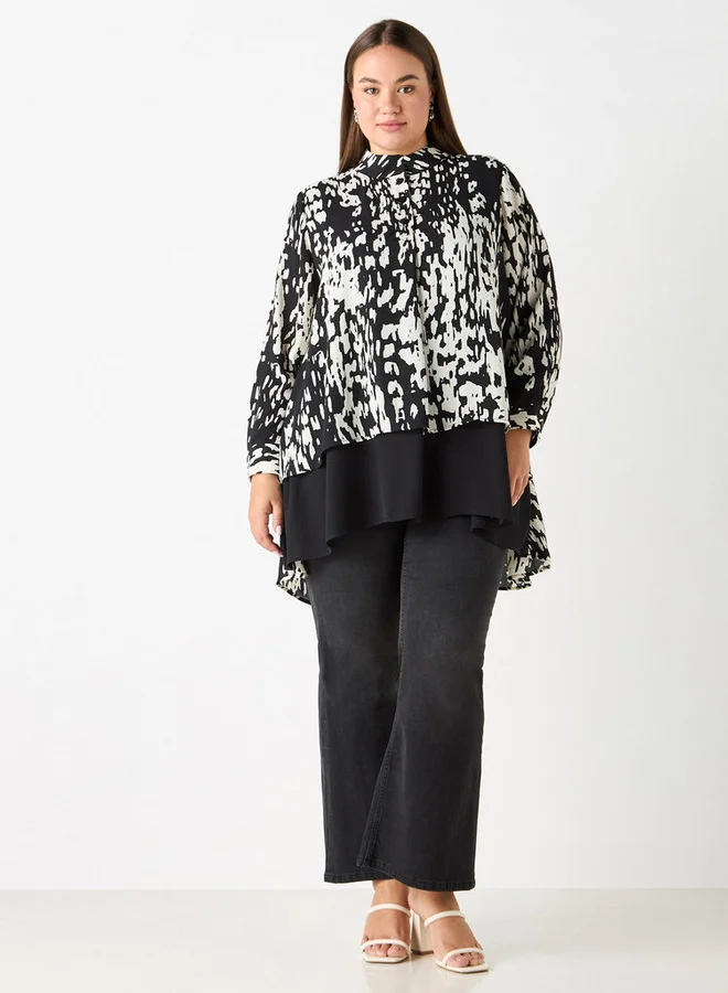 Ulla Popken Plus Size Ulla Popken Printed Top with Mandarin Collar and Long Sleeves