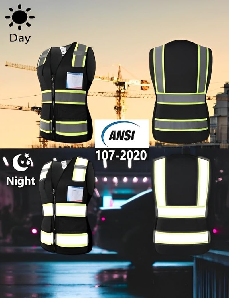 HATAUNKI Safety Vest for Women High Visibility Vest with 8 Pockets and Front Zipper Mesh Reflective Vest Meets ANSI/ISEA Standards(Black-17, Medium) - Image 4