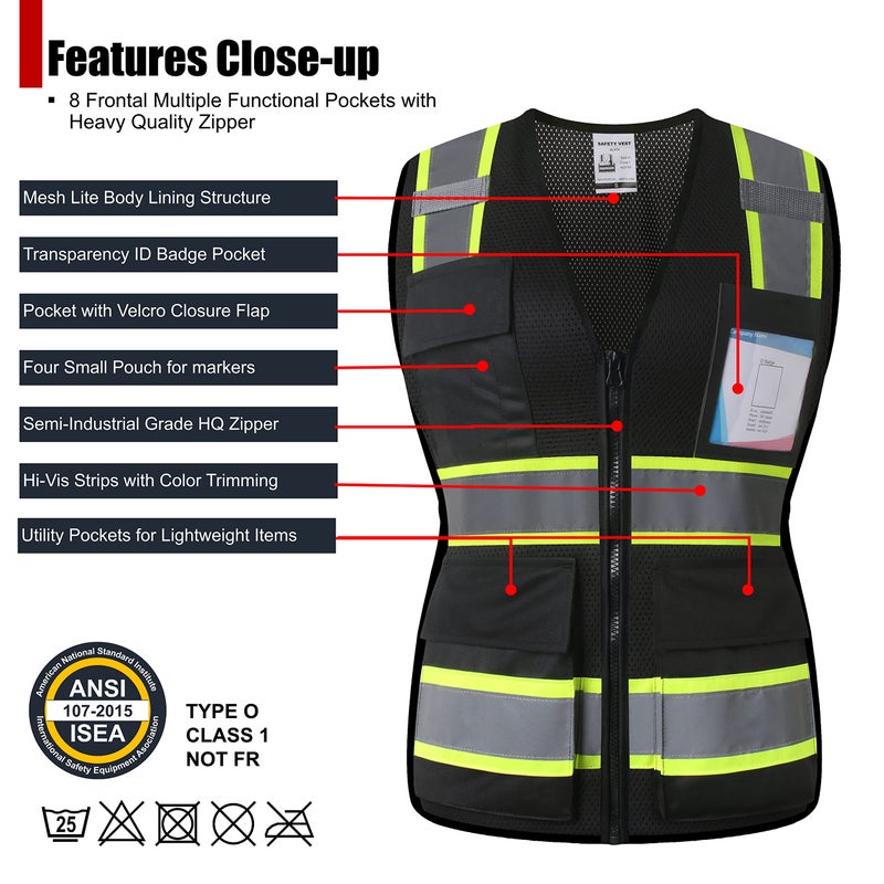HATAUNKI Safety Vest for Women High Visibility Vest with 8 Pockets and Front Zipper Mesh Reflective Vest Meets ANSI/ISEA Standards(Black-17, Medium) - Image 2