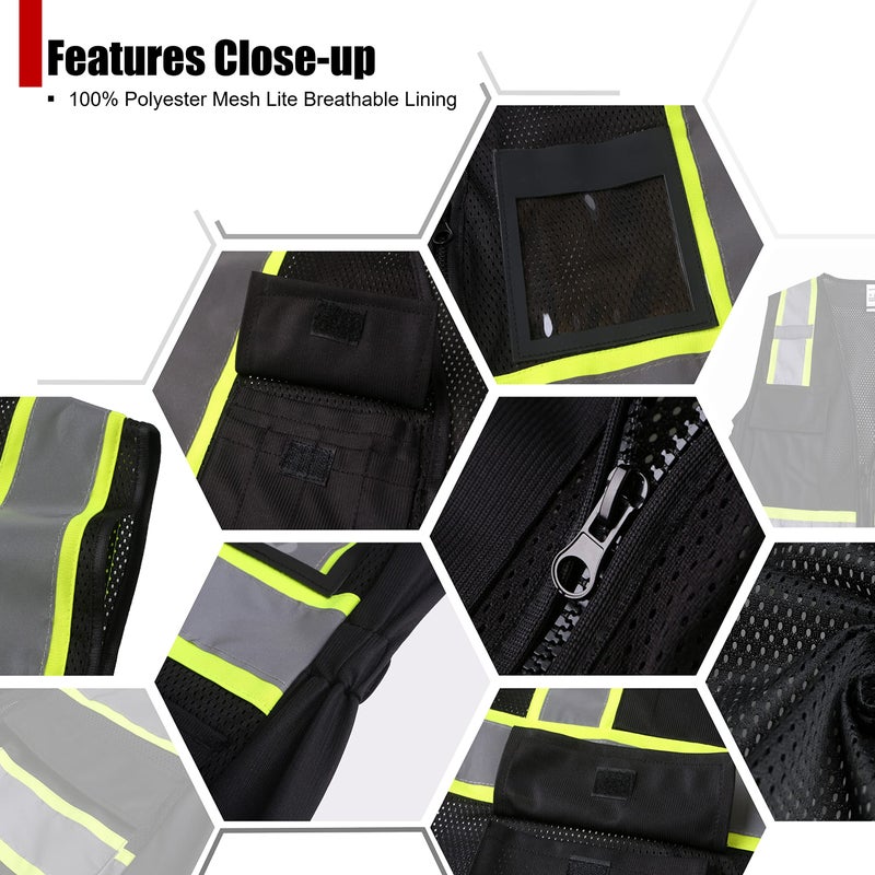 HATAUNKI Safety Vest for Women High Visibility Vest with 8 Pockets and Front Zipper Mesh Reflective Vest Meets ANSI/ISEA Standards(Black-17, Medium) - Image 3