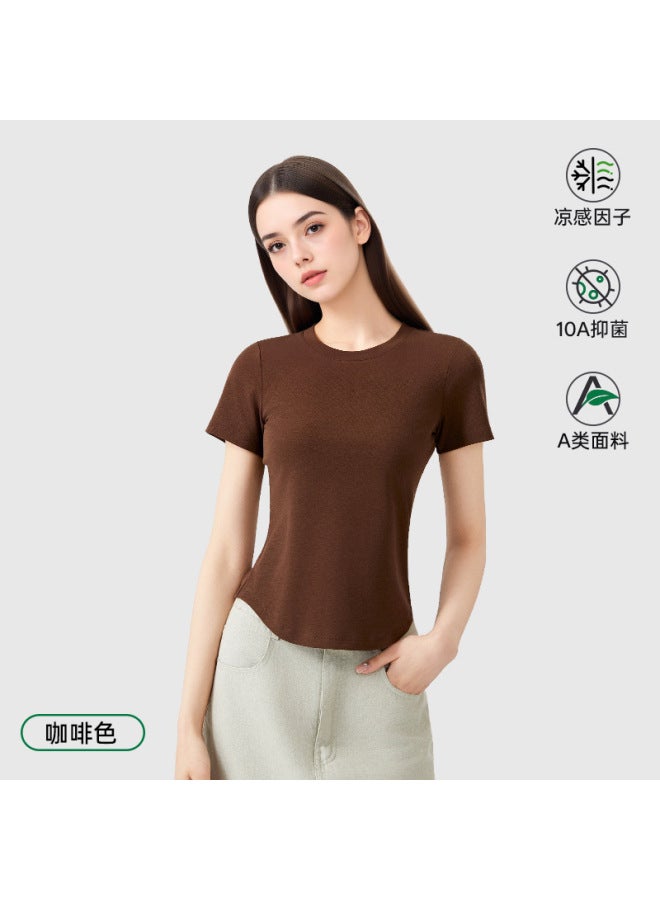 Spring/summer New Tencel Cotton Cool-feel Round Neck Short-sleeve T-shirt Women's 10a Antibacterial Slim-fit Solid Color Versatile Regular Shoulder Top Women's