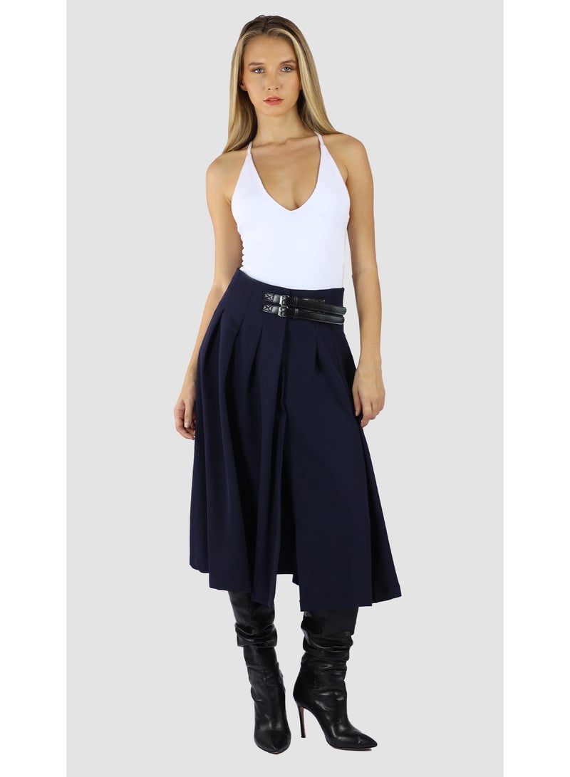 KYVELi Women’s High-Waisted Pleated Midi Skirt with Belt Detail – Navy - Image 1
