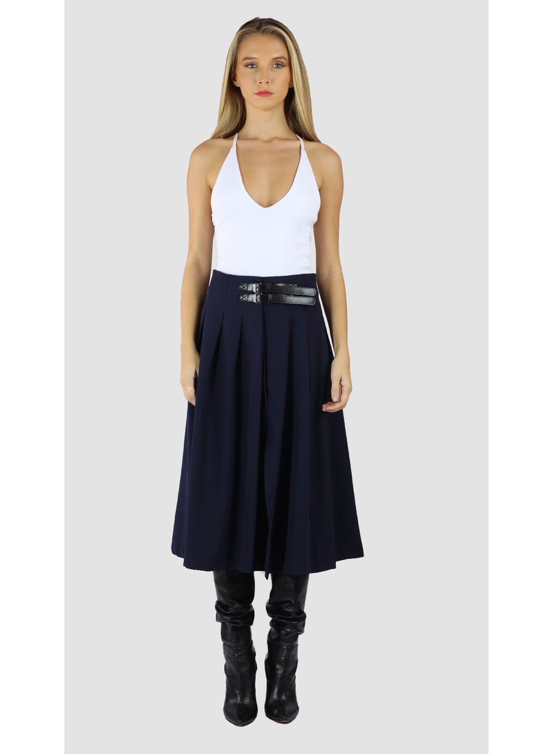 KYVELi Women’s High-Waisted Pleated Midi Skirt with Belt Detail – Navy - Image 2