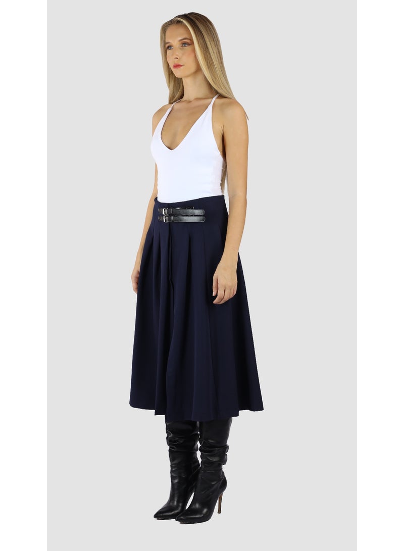 KYVELi Women’s High-Waisted Pleated Midi Skirt with Belt Detail – Navy - Image 5