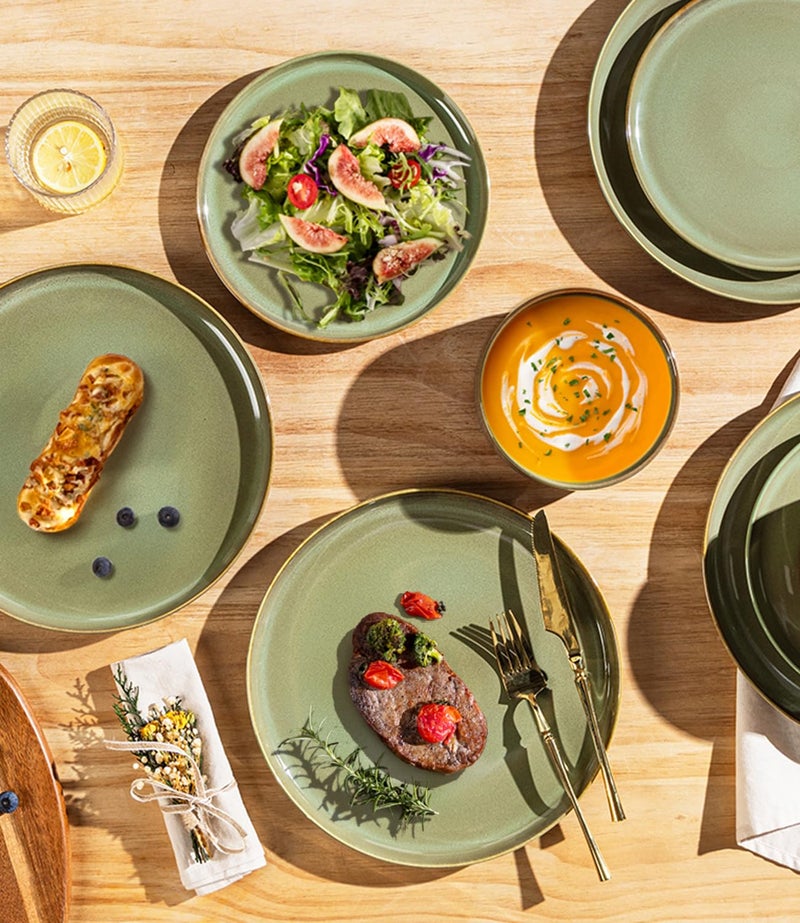 TheTerra Ceramic Dinnerware Sets for 8, 24 Pieces Handmade Reactive Glaze Plates and Bowls Set, Scratch Resistant Dish Set, Oven & Microwave & Dishwasher Safe, Sage Umber - Image 4