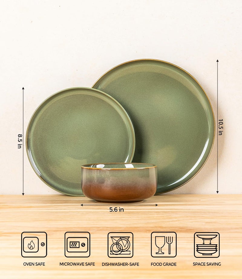 TheTerra Ceramic Dinnerware Sets for 8, 24 Pieces Handmade Reactive Glaze Plates and Bowls Set, Scratch Resistant Dish Set, Oven & Microwave & Dishwasher Safe, Sage Umber - Image 2