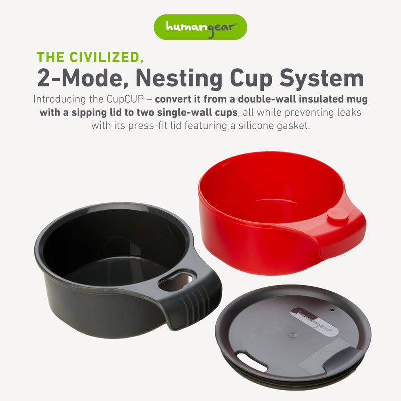 humangear cupCUP | Nesting Cup Mess Kit | Camping Gear with Secure Lid | Made with FDA-Food Safe Material, Charcoal/Red - Image 2