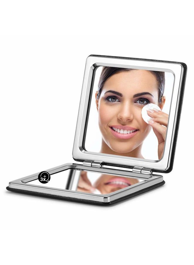 OMIRO Compact Mirror, Classical PU Leather 1X/3X Magnification, Pocket Ultra Portable for Purses and Travel (Black) - Image 1