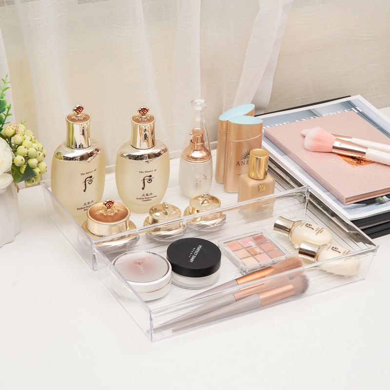 Backerysupply 4 Pack 12"x 6" Large Size Clear Plastic Desk Drawer Organizer Tray Bathroom Office Kitchen Utensils Silverware Gadgets Dividers Desk Drawer Storage Bins Container for Dresser Cosmetic Makeup - Image 5