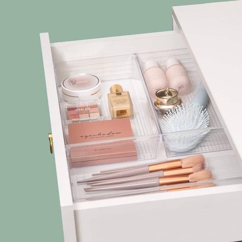 Backerysupply 4 Pack 12"x 6" Large Size Clear Plastic Desk Drawer Organizer Tray Bathroom Office Kitchen Utensils Silverware Gadgets Dividers Desk Drawer Storage Bins Container for Dresser Cosmetic Makeup - Image 4