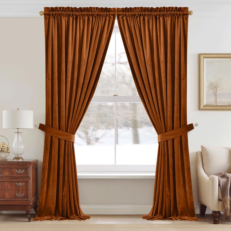 StangH Fall Curtains Burnt Orange Velvet Curtains Luxury Terracotta Thermal Insulated Room Darkening Bedroom Window Drapes for Living Room, Holiday Home Decor for Backdrops, W52 x L84, 2 Panels - Image 2
