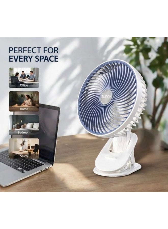 Super Portable Clip Desk Fan with Strong Airflow, 3 Speed Settings, 360° Adjustable, USB Rechargeable Mini Fan for Home, Office & Travel - Image 5