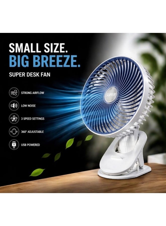 Super Portable Clip Desk Fan with Strong Airflow, 3 Speed Settings, 360° Adjustable, USB Rechargeable Mini Fan for Home, Office & Travel - Image 1