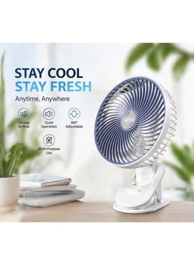 Super Portable Clip Desk Fan with Strong Airflow, 3 Speed Settings, 360° Adjustable, USB Rechargeable Mini Fan for Home, Office & Travel - Image 3