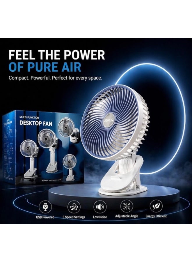 Super Portable Clip Desk Fan with Strong Airflow, 3 Speed Settings, 360° Adjustable, USB Rechargeable Mini Fan for Home, Office & Travel - Image 4