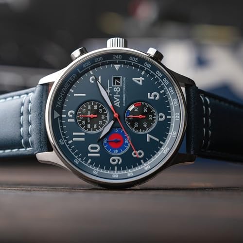 AVI-8 Men's 43.5mm Hawker Hurricane Classic Chronograph Opal Blue Watch with Leather Strap AV-4011-1A - Image 3