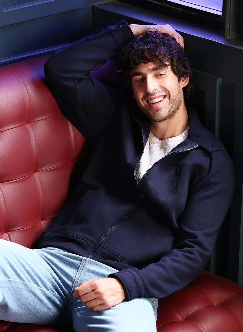 كامبوس سوترا كنزة رجالية محبوكة بياقة عالية وأكمام طويلة مضلعة وسحاب نصفي وحافة مستقيمة مضلعة بلون سادة كحلي للاستخدام اليومي والكاجوال