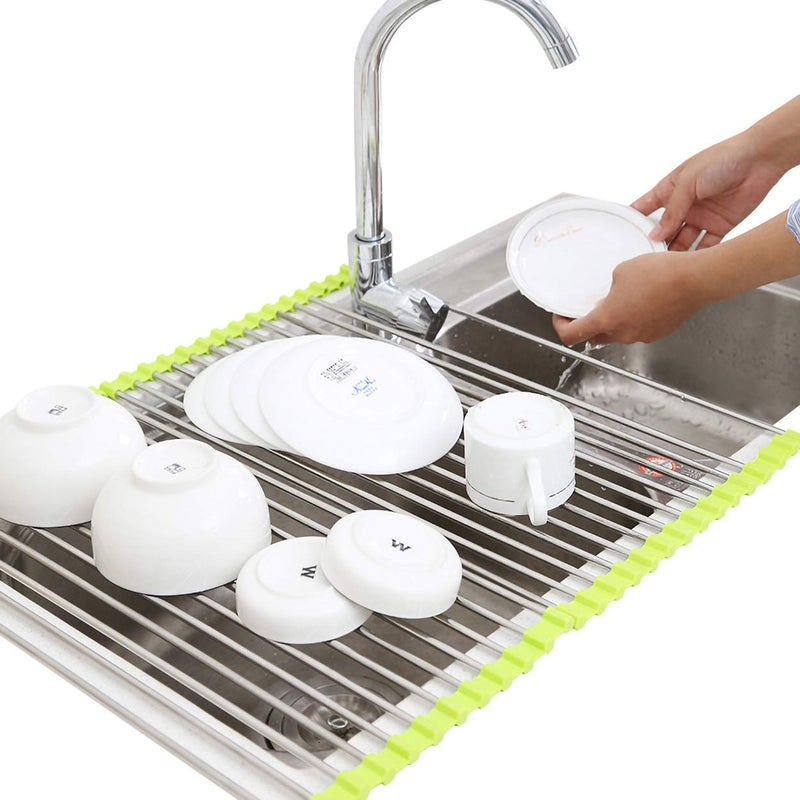 Luximal Foldable Multipurpose Rollup Stainless Steel Kitchen Organiser Utensils Dish Drying Drainer Rack Mat for Over Sink and FruitVegetable Strainer Colander 465 cm x 46 cm - Image 1