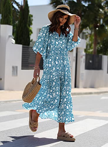 miduo Womens Maxi Dress Spring Fashion Casual V Neck Short Half Sleeve Flower Pattern Boho Holiday Long Maxi Floor Dresses XL - Image 4