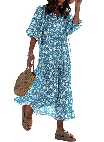 miduo Womens Maxi Dress Spring Fashion Casual V Neck Short Half Sleeve Flower Pattern Boho Holiday Long Maxi Floor Dresses XL - Image 1