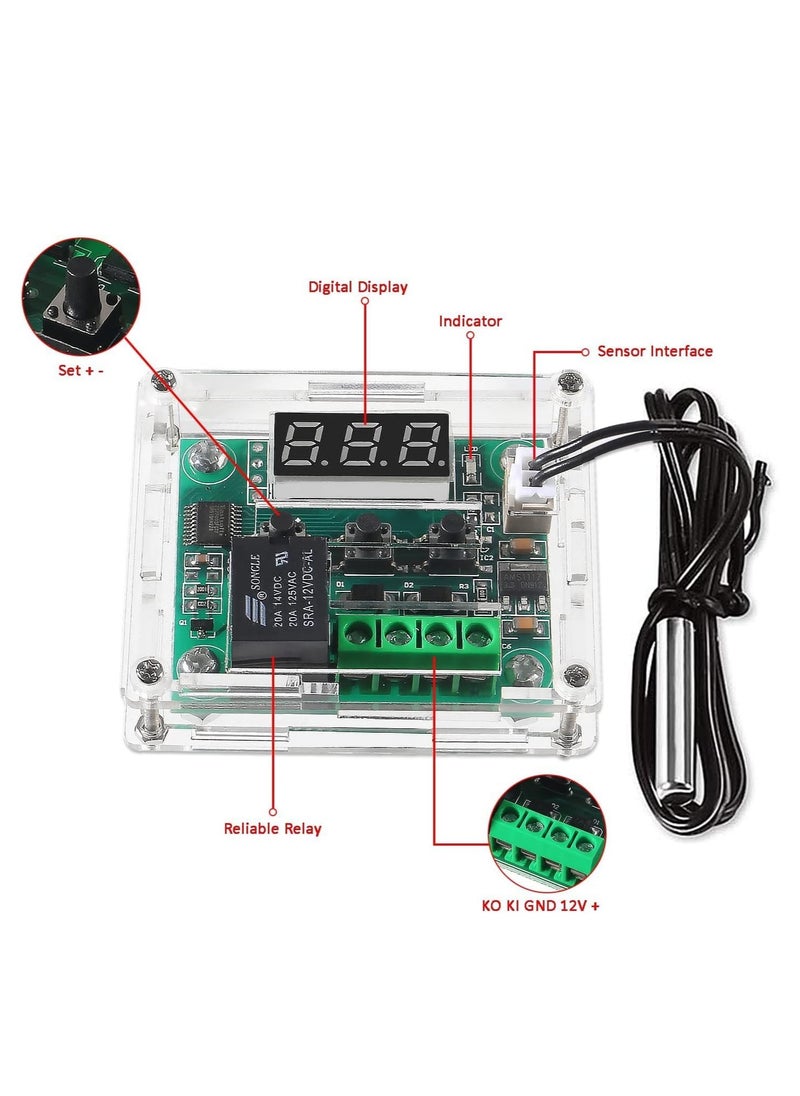 Excefore - W1209 DC 12V Digital Temperature Controller, Board Red Digital Display Thermostat -50-110°C Electronic Temperature Temp Control Module Switch with Waterproof Case - Image 1