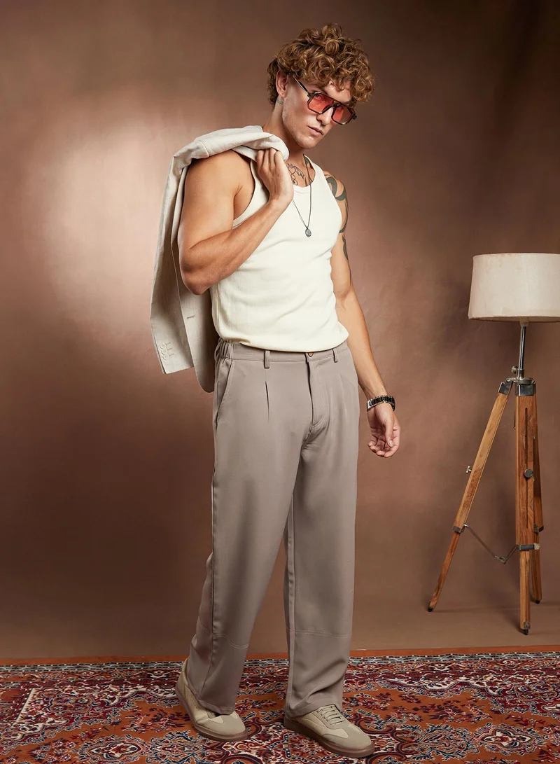 Campus Sutra  Men's Ash Beige Panelled-Straight Trousers for Men | Best Price UAE
