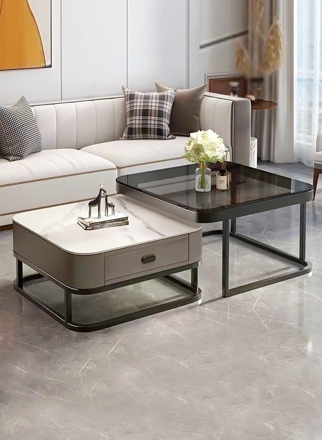 Set of 2 Luxury Round Edges White/Black Coffee Table with Marble, Glass Top Metal Legs With Storage for Living Room, Office And Other Spaces, Table 1-70Lx70Wx45H cm, Table 2-60Lx60Wx38H cm
