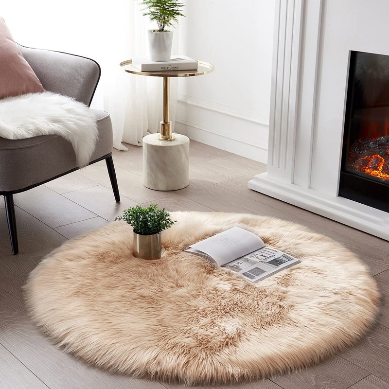 SERISSA Soft Round Faux Sheepskin Fur Area Rug Beige Circle Fluffy Rugs Circular Shaggy Rug Plush Circle Carpet Play Mats for Kids Girls Room Princess Castle Christmas 5ft Diameter