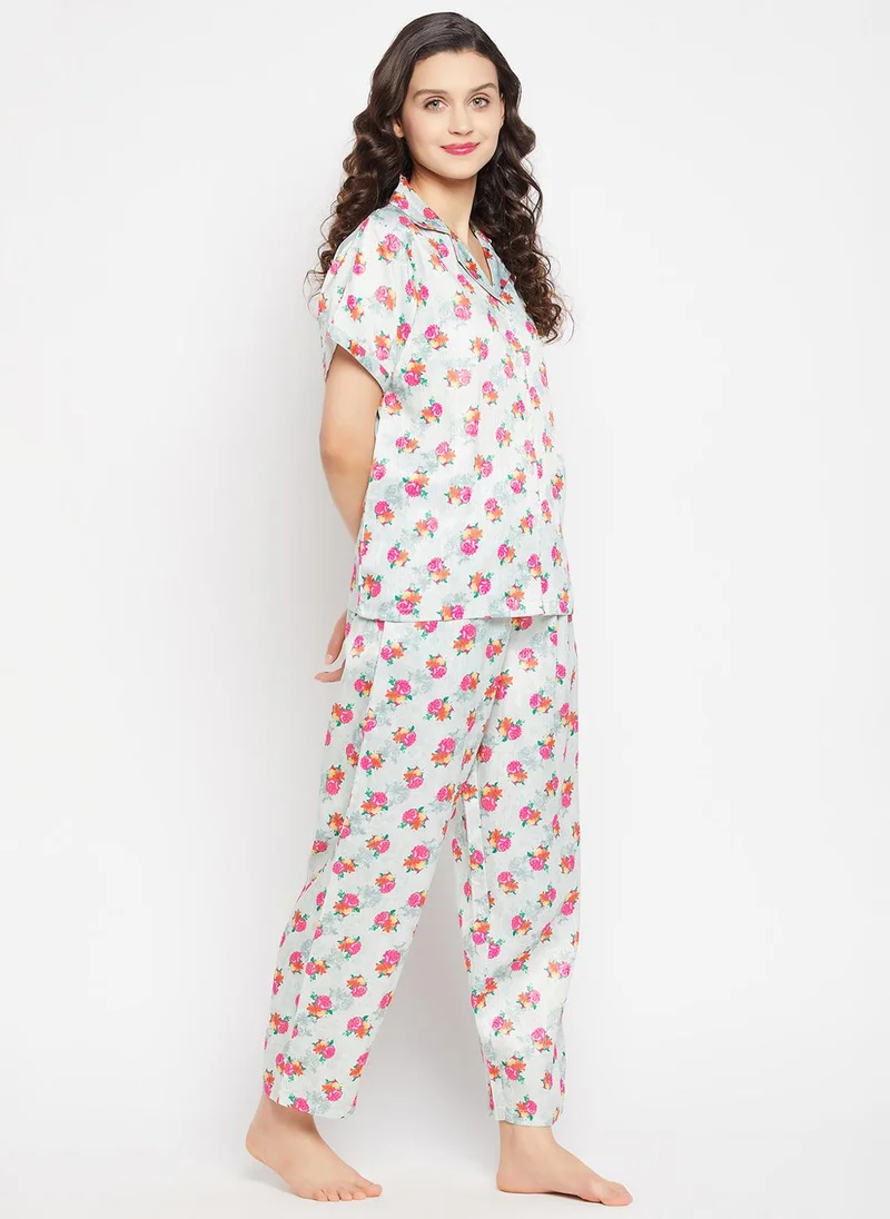 Clovia Grey Clovia Pretty Florals Button Down Shirt & Pyjama Set in Light Grey - Satin for Women | Best Price UAE