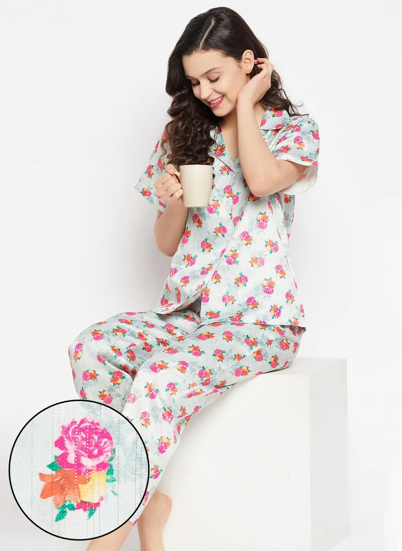 كلوفيا Clovia Pretty Florals Button Down Shirt & Pyjama Set in Light Grey - Satin