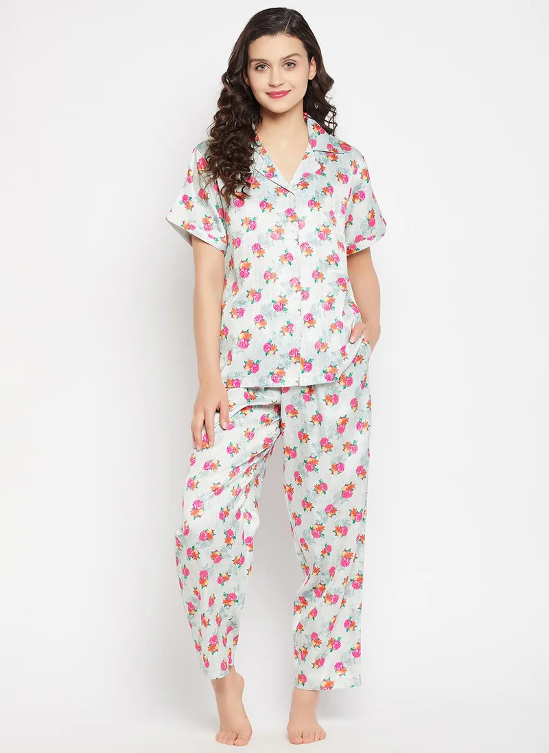 كلوفيا Clovia Pretty Florals Button Down Shirt & Pyjama Set in Light Grey - Satin