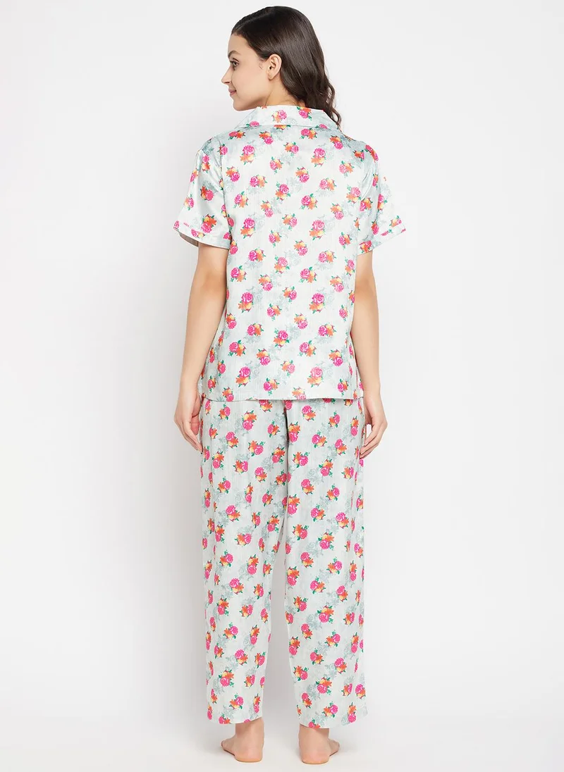 Clovia Grey Clovia Pretty Florals Button Down Shirt & Pyjama Set in Light Grey - Satin for Women | Best Price UAE