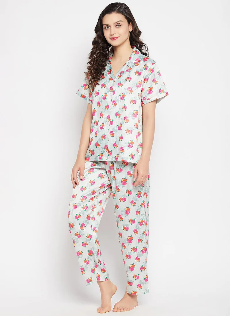 Clovia Grey Clovia Pretty Florals Button Down Shirt & Pyjama Set in Light Grey - Satin for Women | Best Price UAE