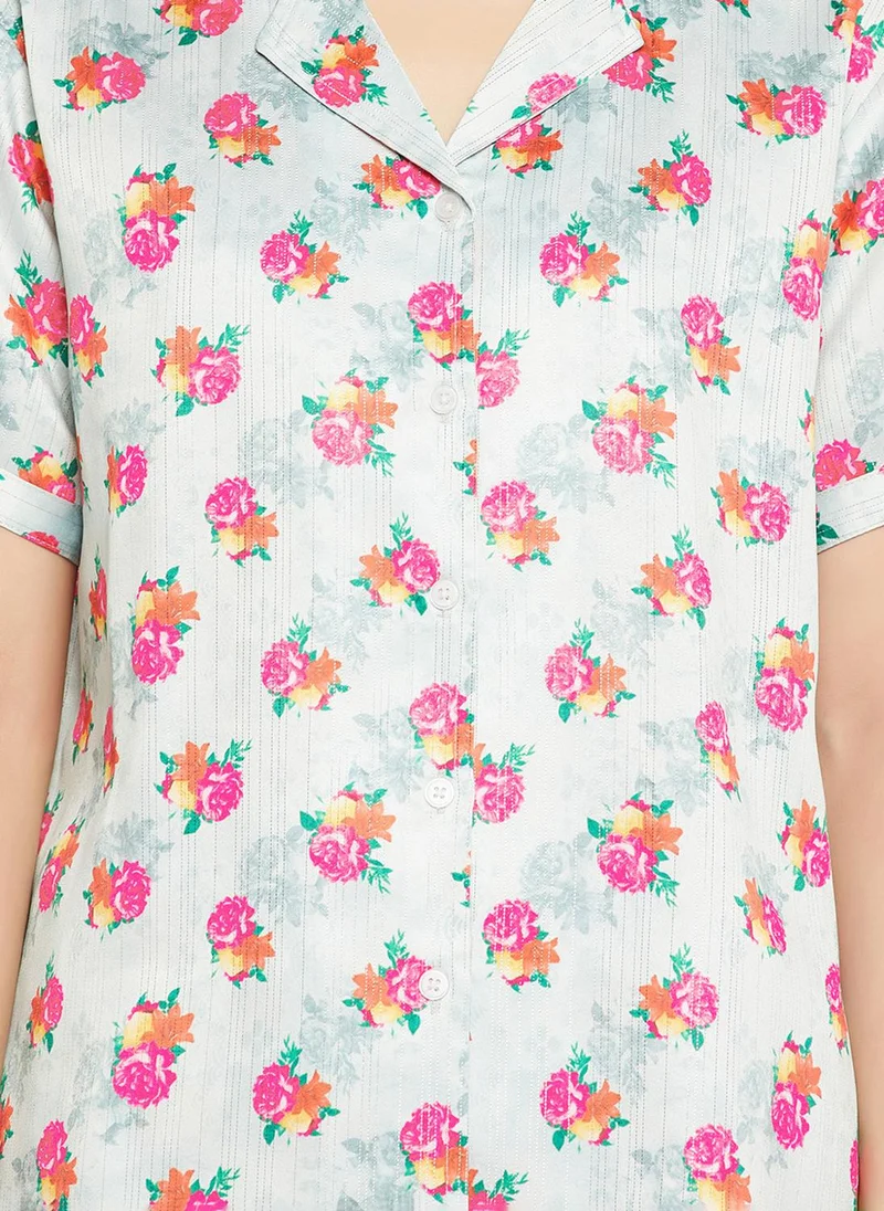 Clovia Grey Clovia Pretty Florals Button Down Shirt & Pyjama Set in Light Grey - Satin for Women | Best Price UAE