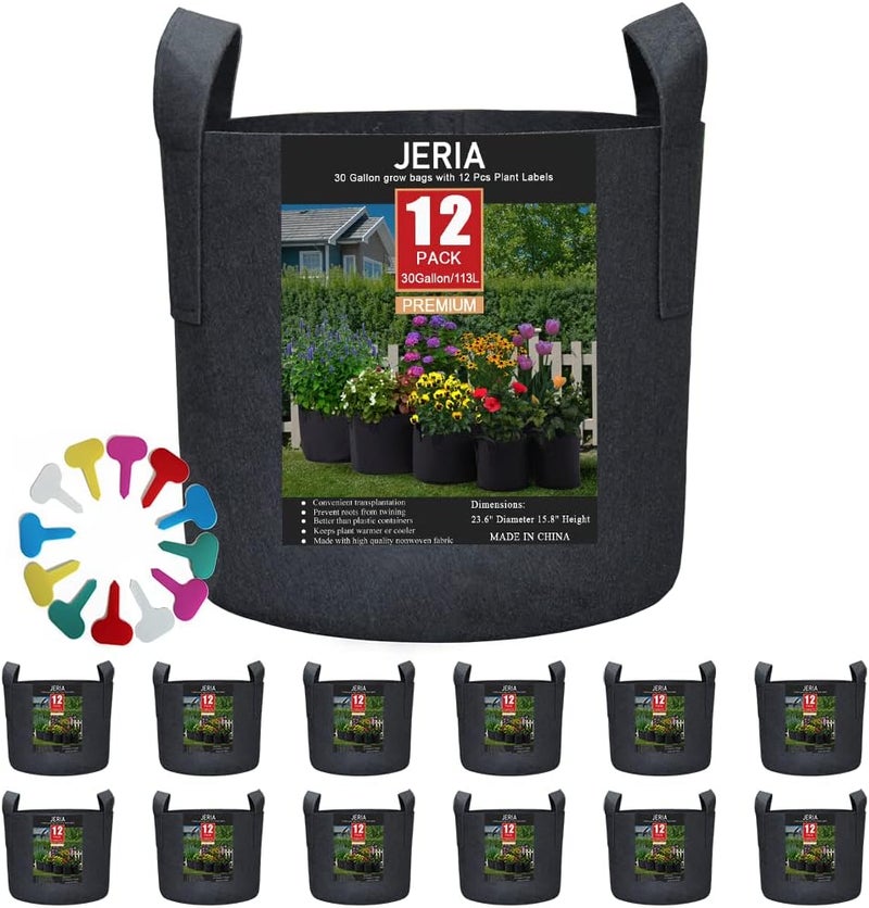 JERIA 12-Pack 30 Gallon, Vegetable/Flower/Plant Grow Bags, Aeration Fabric Pots with Handles (Black), Come with 12 Pcs Plant Labels - Image 1