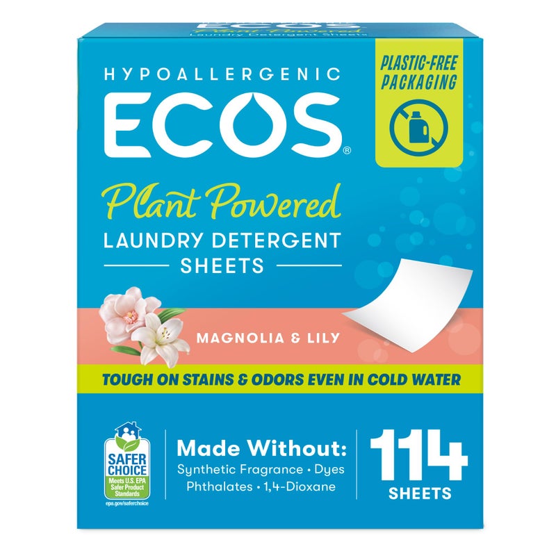 ECOS Laundry Detergent Sheets Vegan, No Plastic Jug, No Mess, Liquid Free - Hypoallergenic, Plant Powered Laundry Detergent Sheet - Magnolia & Lily - 114 Count (Pack of 1) - Image 1